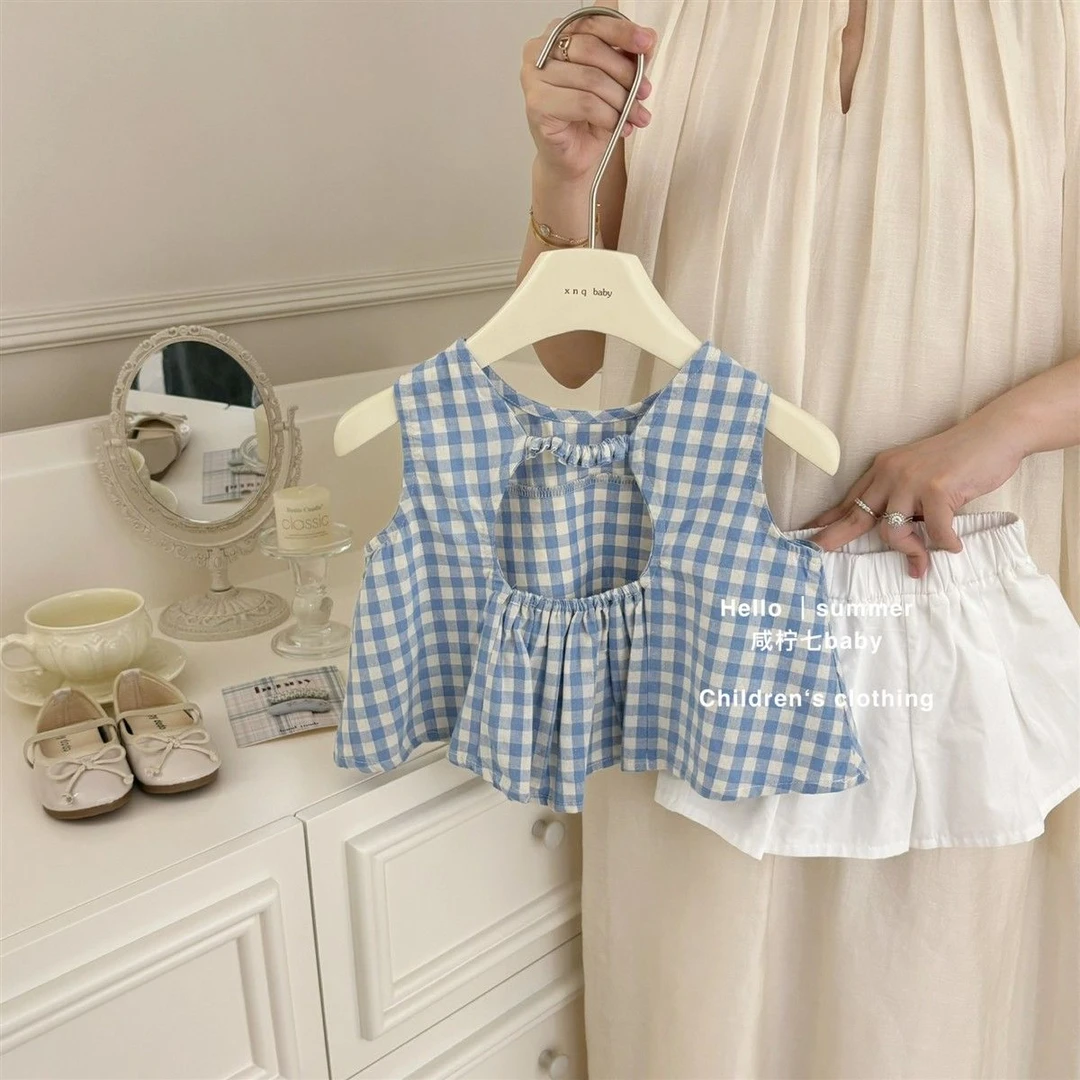 女童露背娃娃衫上衣韩系儿童夏小清新甜美格子背心短裤