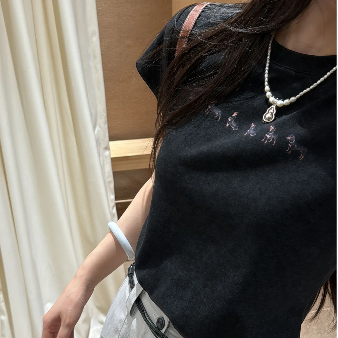 时髦精～黑灰晕染弹力修身短袖t恤