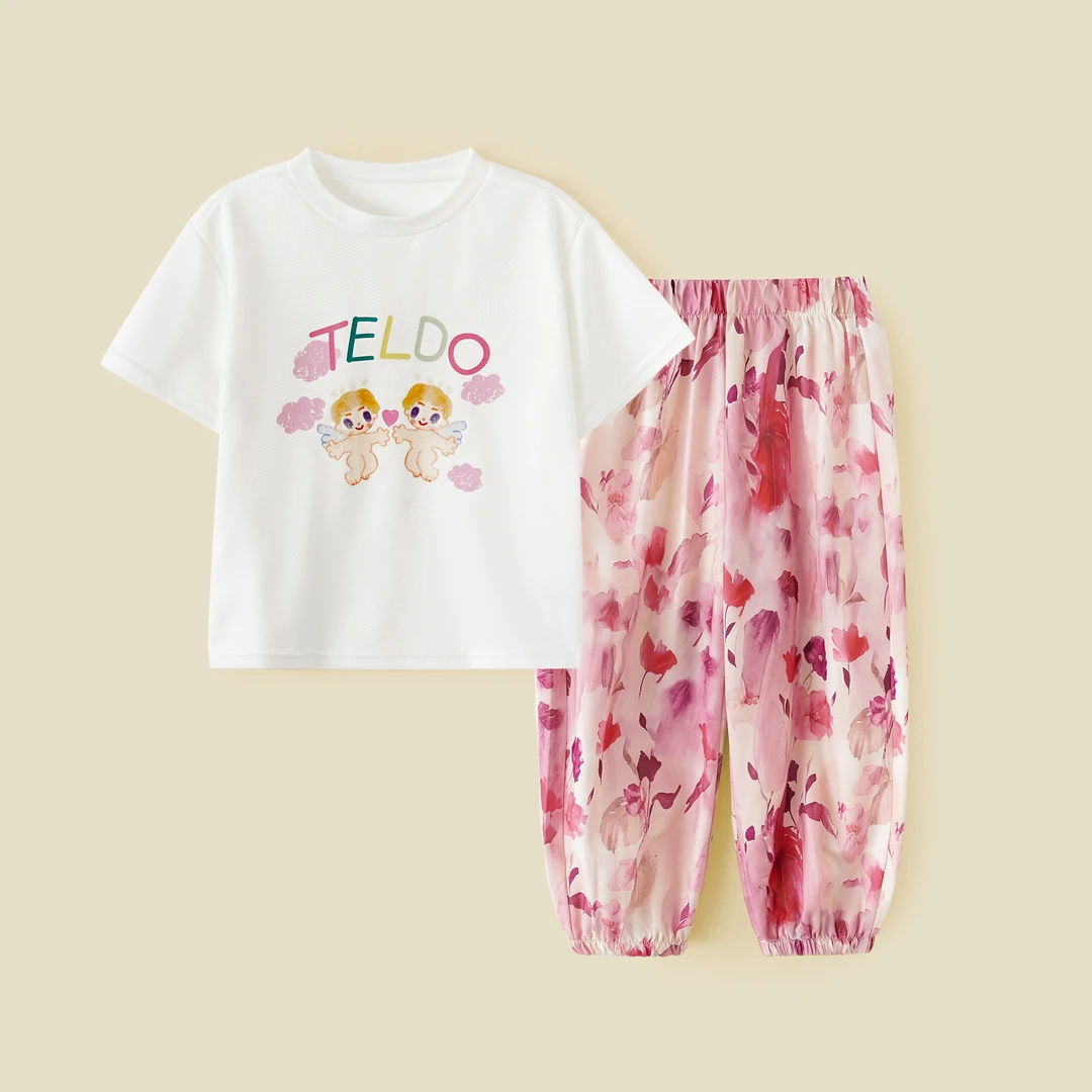 儿童套装2025夏季新款爱小天使图案粉色水墨长裤套装YNQJ0216