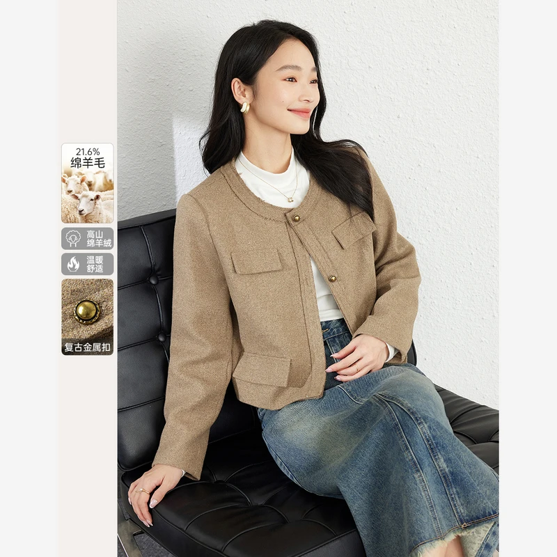 *短款绵羊毛毛呢外套女25高级感小香风圆领上衣M9082/A0960