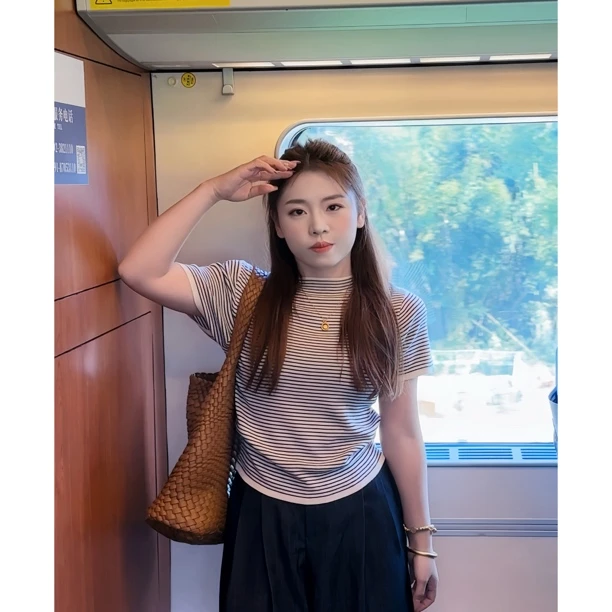 毛针织衫针织三分袖气质法式条纹高腰短袖显瘦百搭