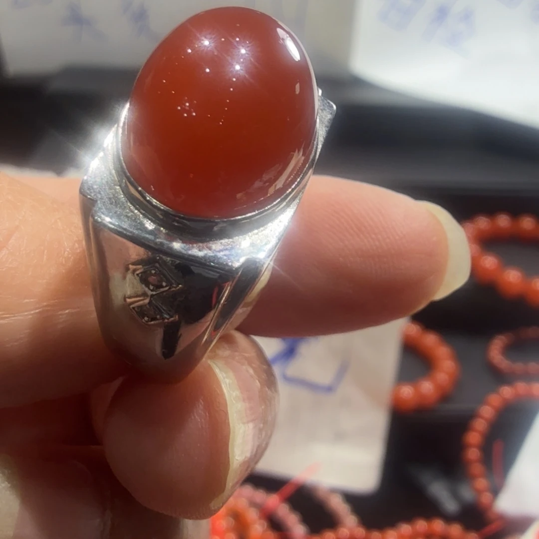 落***尘南红玛瑙银S925镶嵌戒指