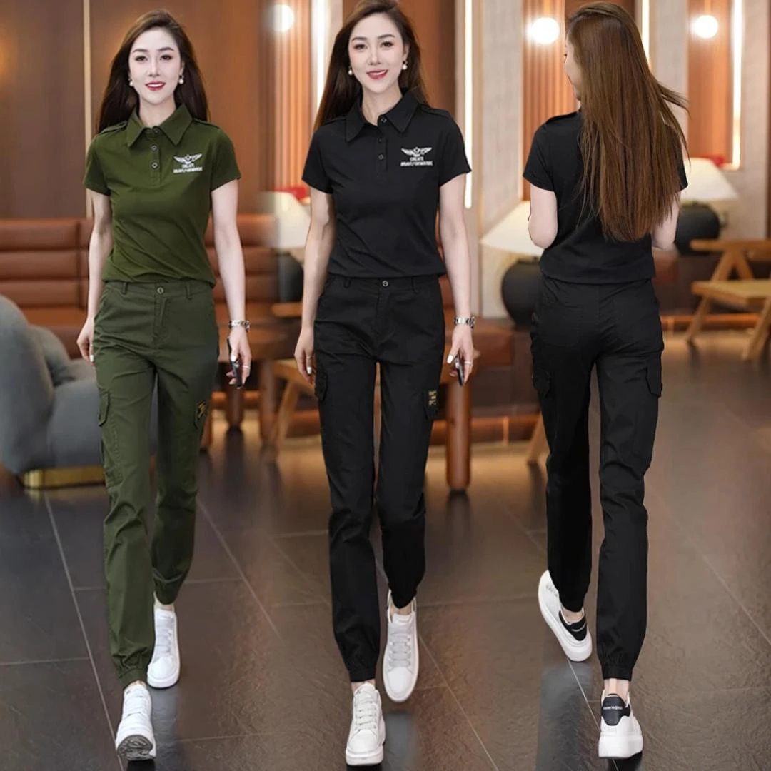 帅气迷彩服女套装黑色短袖休闲工装长裤夏季新款显瘦束脚直筒裤潮