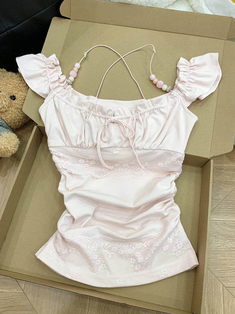 纯欲风粉色挂脖吊带背心女夏季蕾丝方领小飞袖衬衫学院风甜美上衣