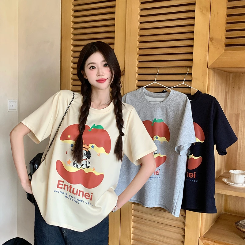 【鱼白专属】大码正肩圆领短袖T恤印花上衣显瘦百搭休闲慵懒女5933