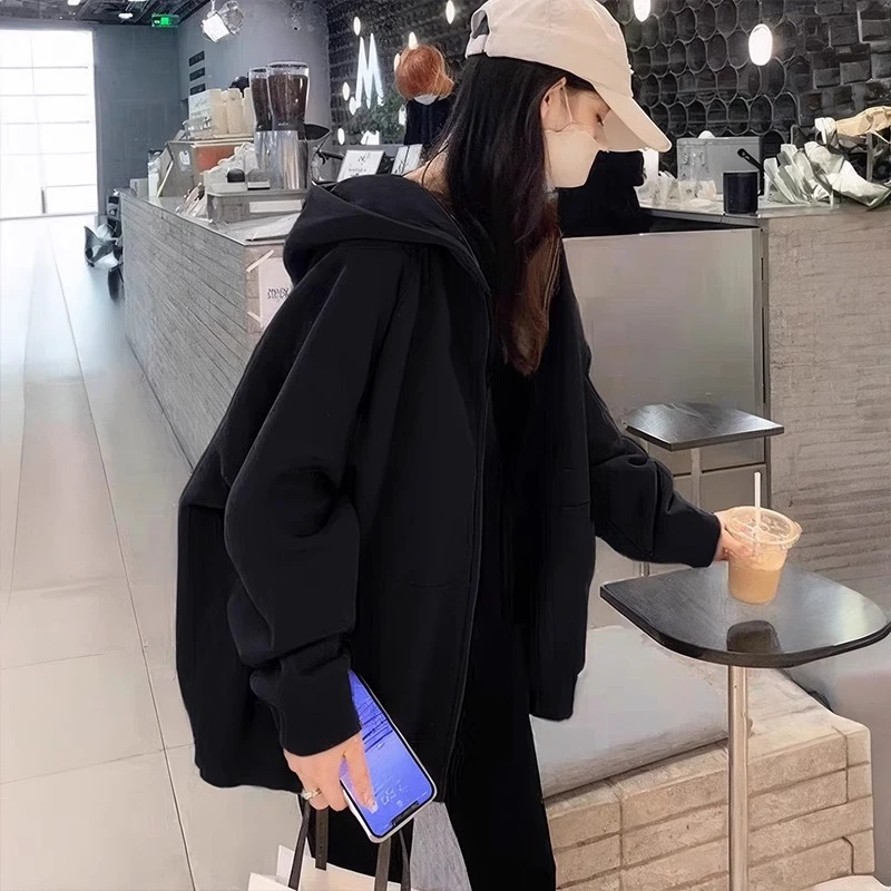 黑色美式hiphop开衫外套女加绒加厚2025新款爆款秋冬重磅连帽上衣
