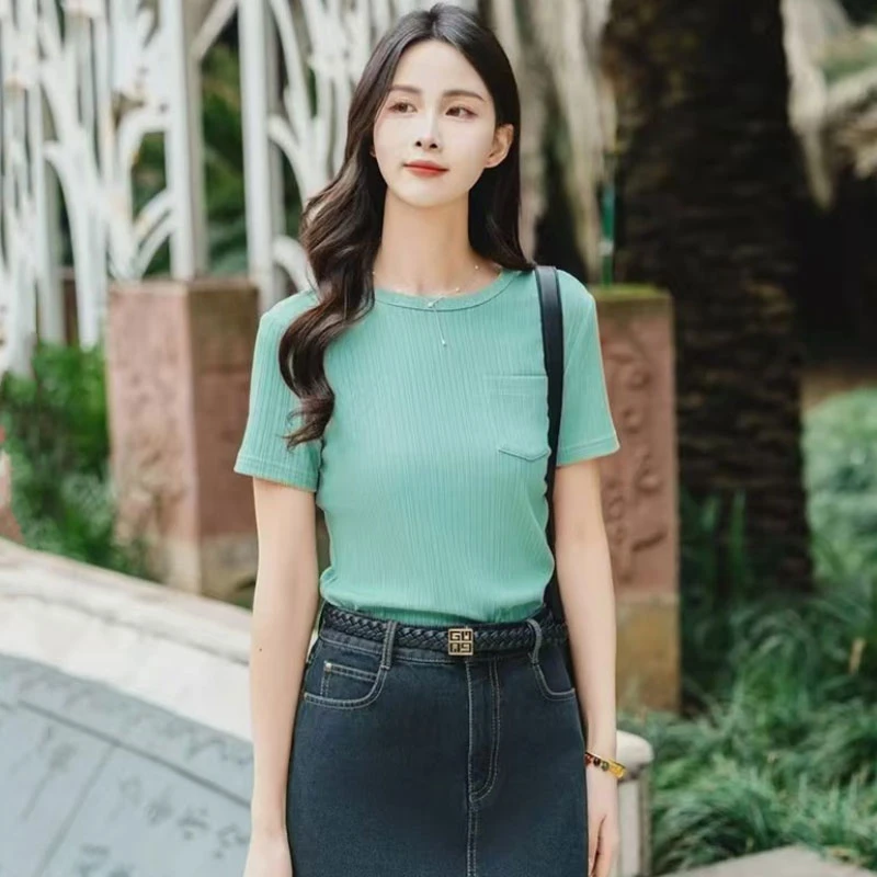 【商场同款】夏款休闲简约弹力显瘦上衣圆领褶皱口袋短袖T恤130060