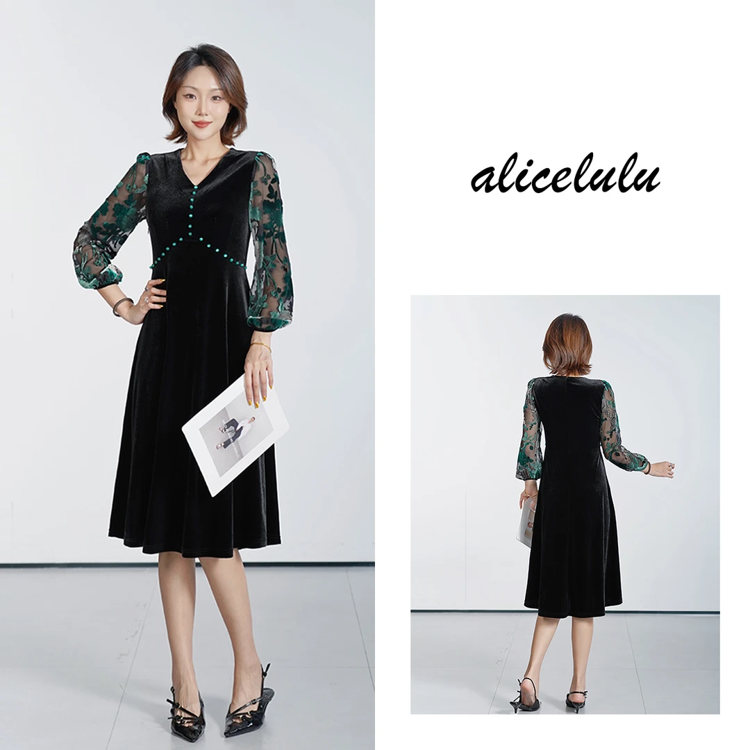 [alicelulu] 茶歇法式复古通勤灯笼袖金丝绒拼接连衣裙S2144696E