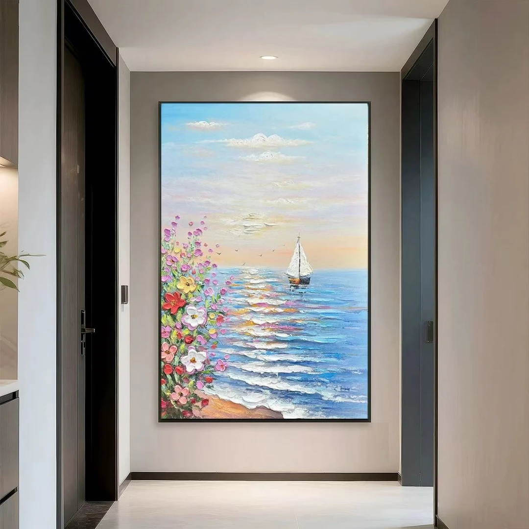 YA59《一帆风顺》新款手绘油画玄关装饰画手工肌理画走廊过道挂画