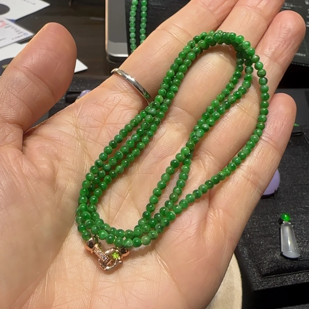 翡翠未镶嵌颈饰辣绿珠串2.5