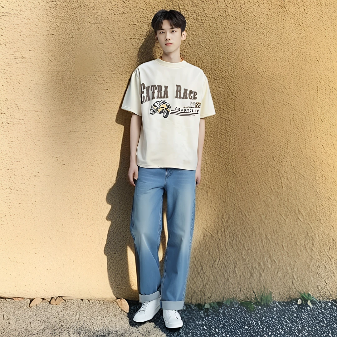 新款潮流夏季男装宽松短袖体恤衫复古风格吸汗印花T恤圆领t恤男士