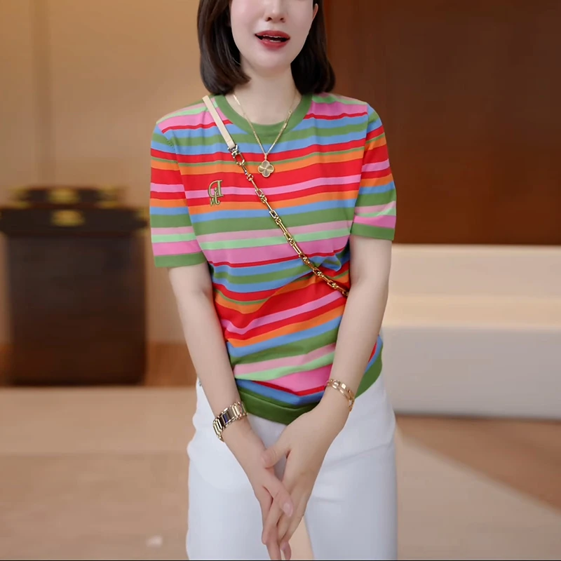 撞色条纹短袖t恤女2025夏季新款时尚休闲小衫超好看漂亮别致上衣