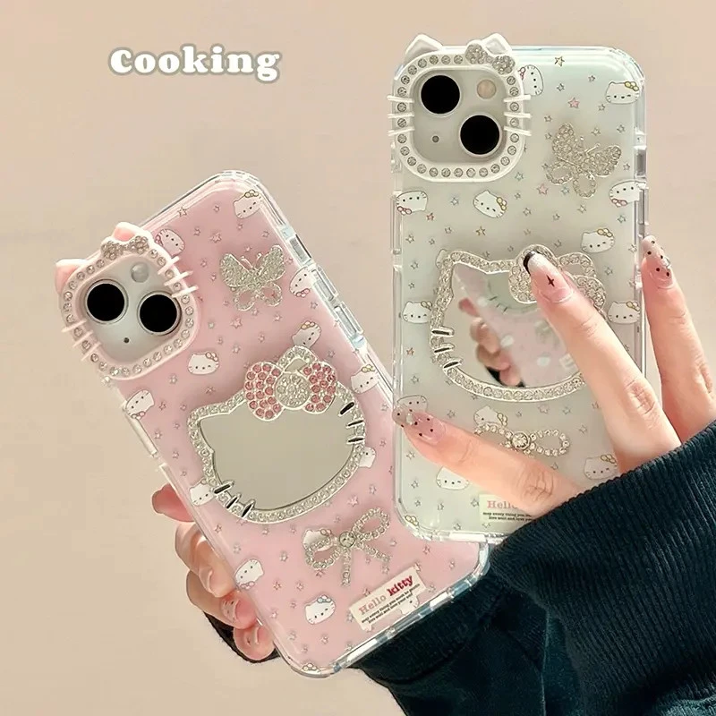 适用苹果16ProMax手机壳甜妹卡通闪钻镜子iphone15凯蒂猫13女款14