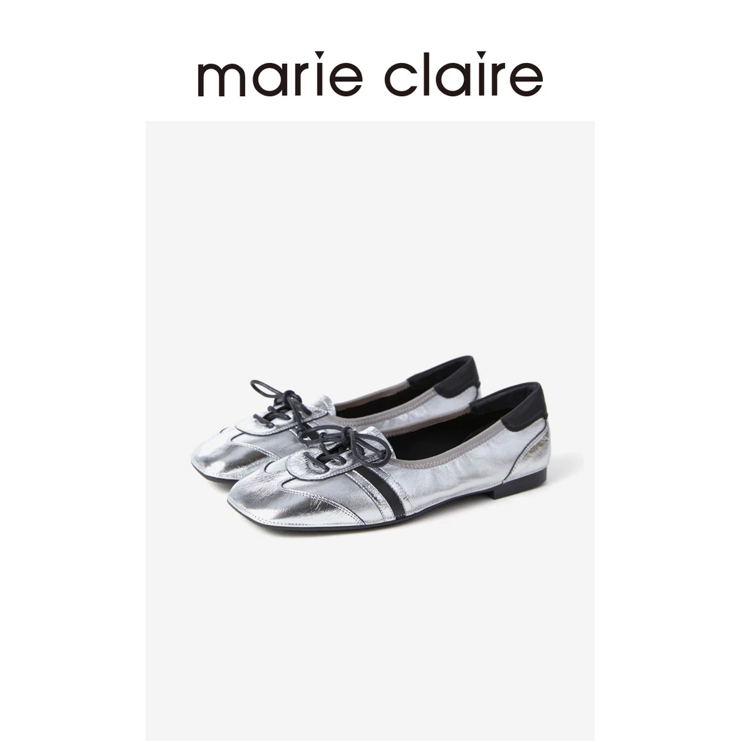 MC女鞋银色小方头德训芭蕾单鞋休闲系带鞋25夏季marieclaire女鞋