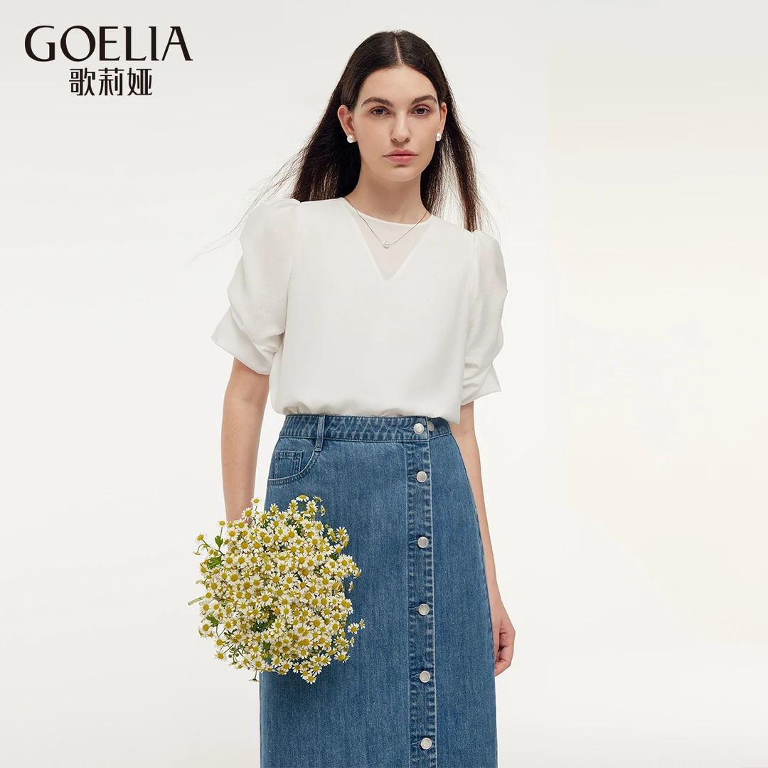 【福利款】歌莉娅二醋酸泡泡袖梭织衫白色百搭短袖1E3R3C110