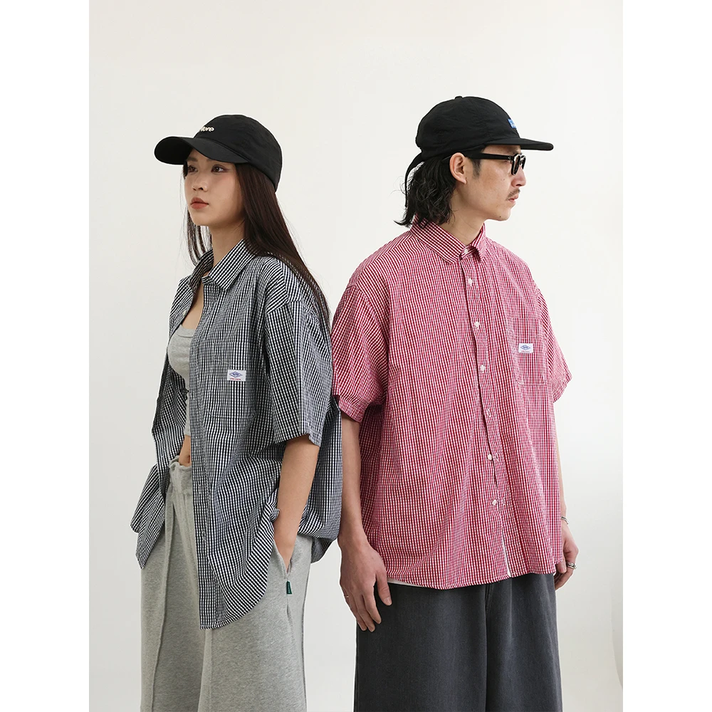 TRIFFER复古细格千鸟格衬衫短袖休闲情侣男女款