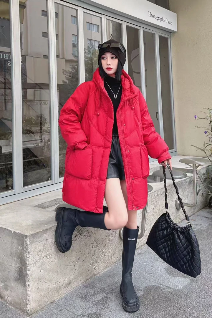 立领加厚中长款连帽合格连帽时尚百搭休闲保暖宽松冬季加厚袄外套