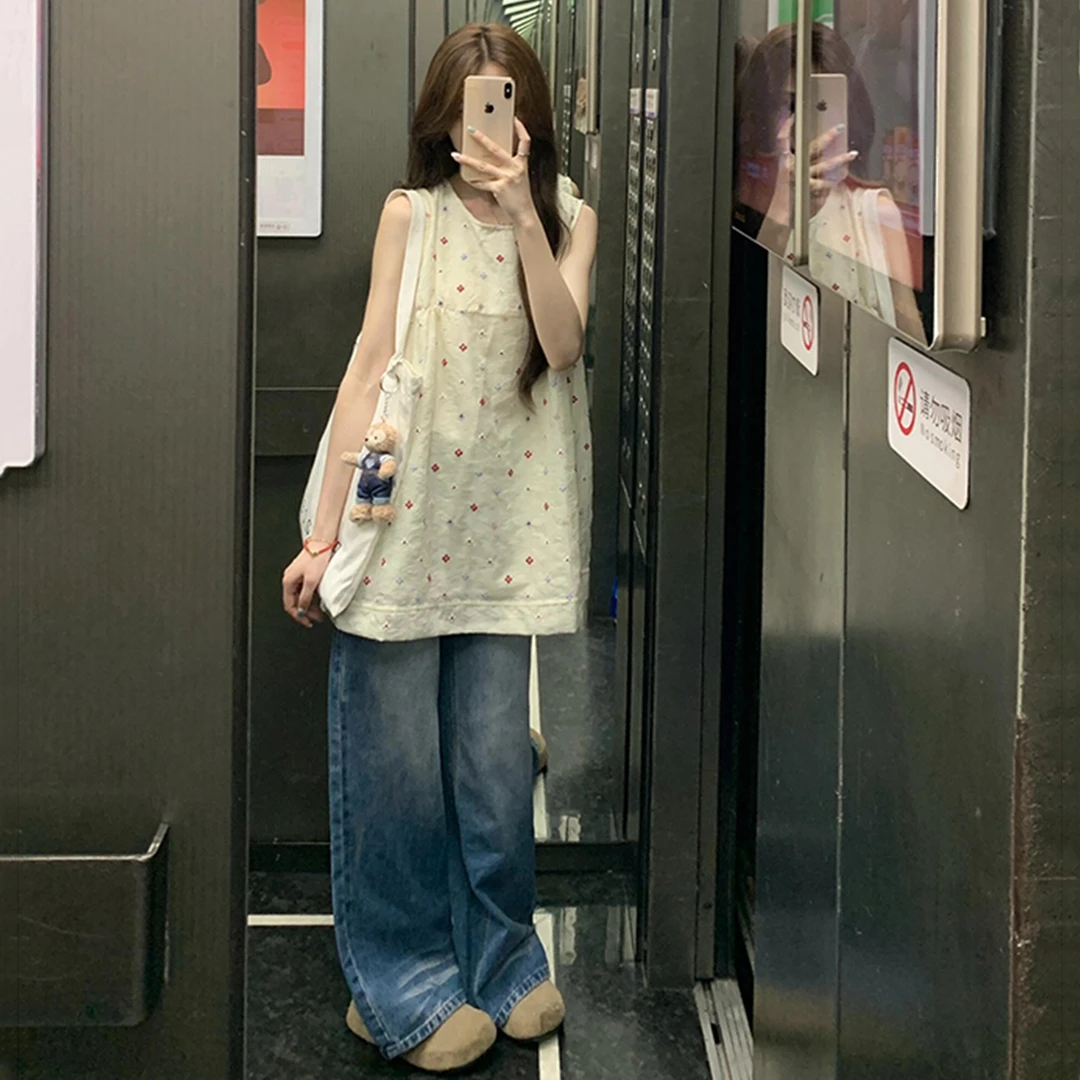 B497+B498夏法式甜美刺绣花朵宽松背心女搭配牛仔裤显瘦两件套潮