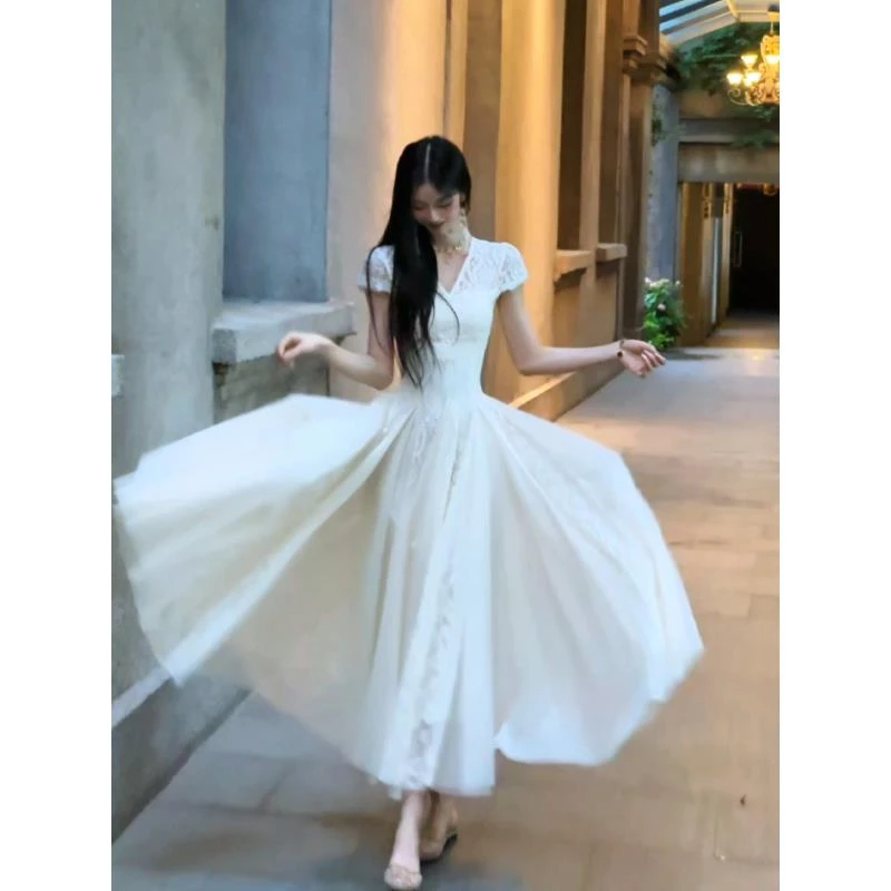 百亿【千金蕾丝+运补6】法式优雅气质蕾丝设计感仙气长裙连衣裙