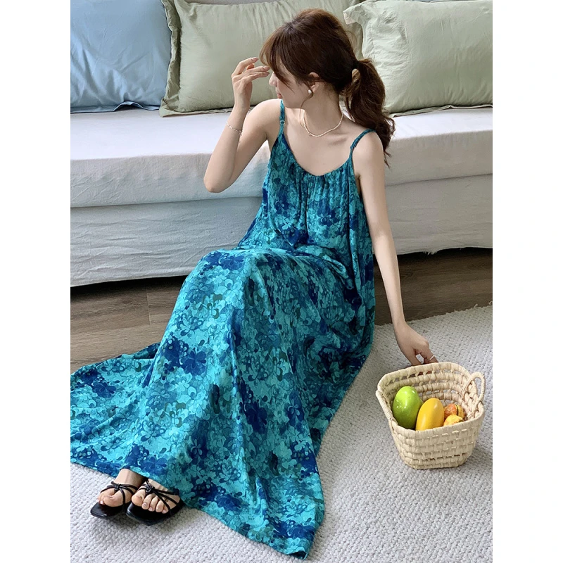 超仙自带胸垫睡裙女加长款脚踝吊带裙长裙175高个子可穿棉绸裙子