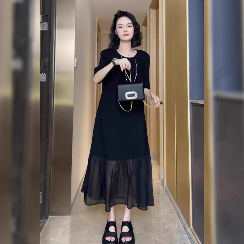 大码女装夏季法式高级感拼接连衣裙胖mm遮肉显瘦赫本风气质连衣裙