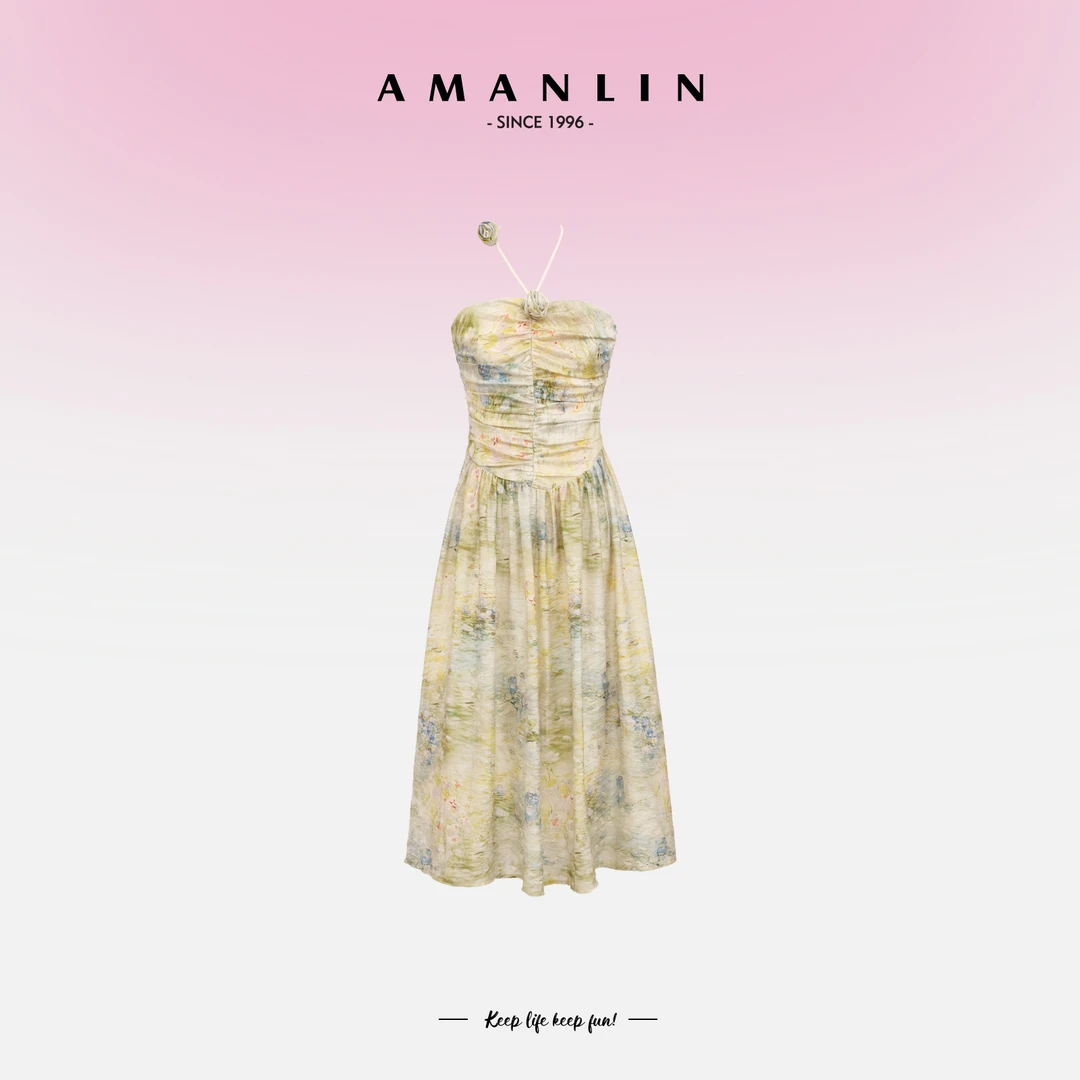 AMANLIN/阿谩琳欧若风夏晕染印花甜美挂脖百搭显瘦连衣裙F592052