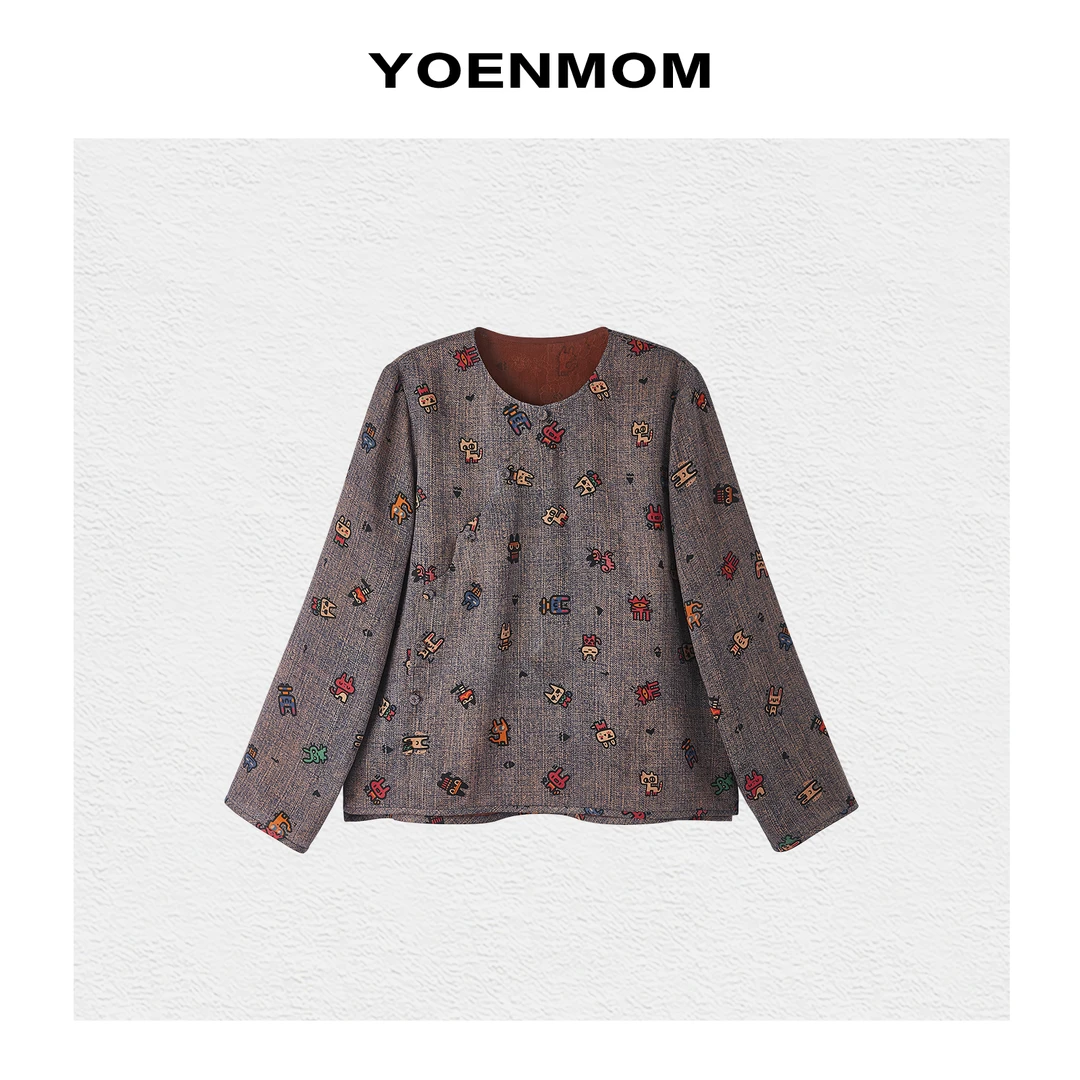 YOENMOM·机器猫·100桑蚕丝红云纱罗趣味减龄印花国风斜襟圆领上衣