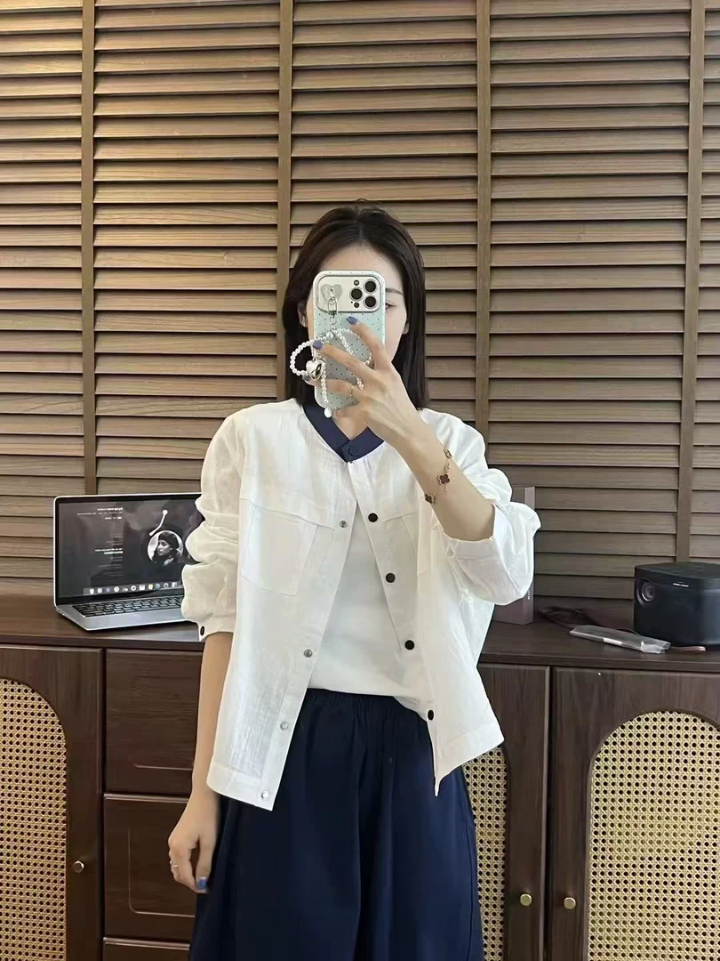 韩系文艺风撞色领子胸前口袋设计感开衫外套XJ-202-1715