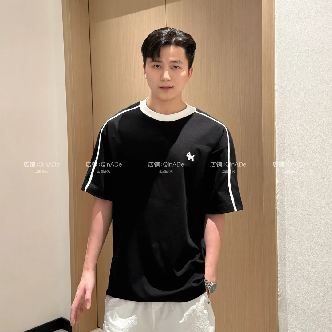 QinADe液氨冰感夏季新款织带撞色圆领棉刺绣小狗短袖男女同款8803