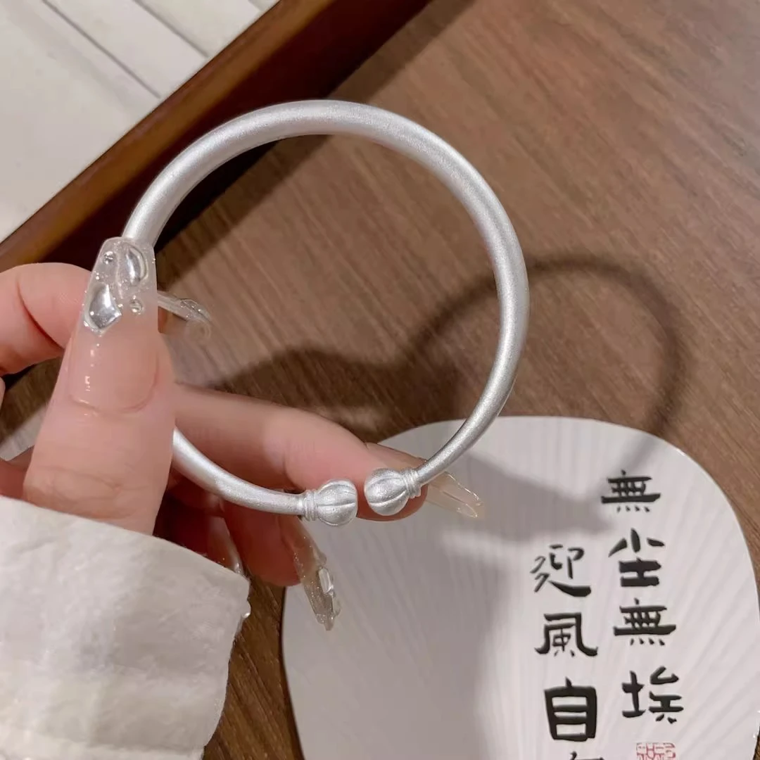 足银手镯 999纯银手镯女古法磨砂南瓜实心开口银镯子情人节送女友