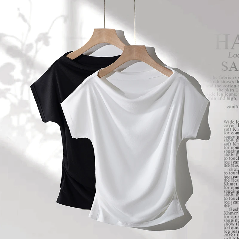 拉夏贝尔2025夏季新款白色T恤女不规则修身内搭短款上衣简约短袖