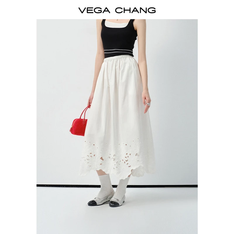 VEGA CHANG白色半身裙女2025新款春夏百搭设计感镂空中长款A字裙