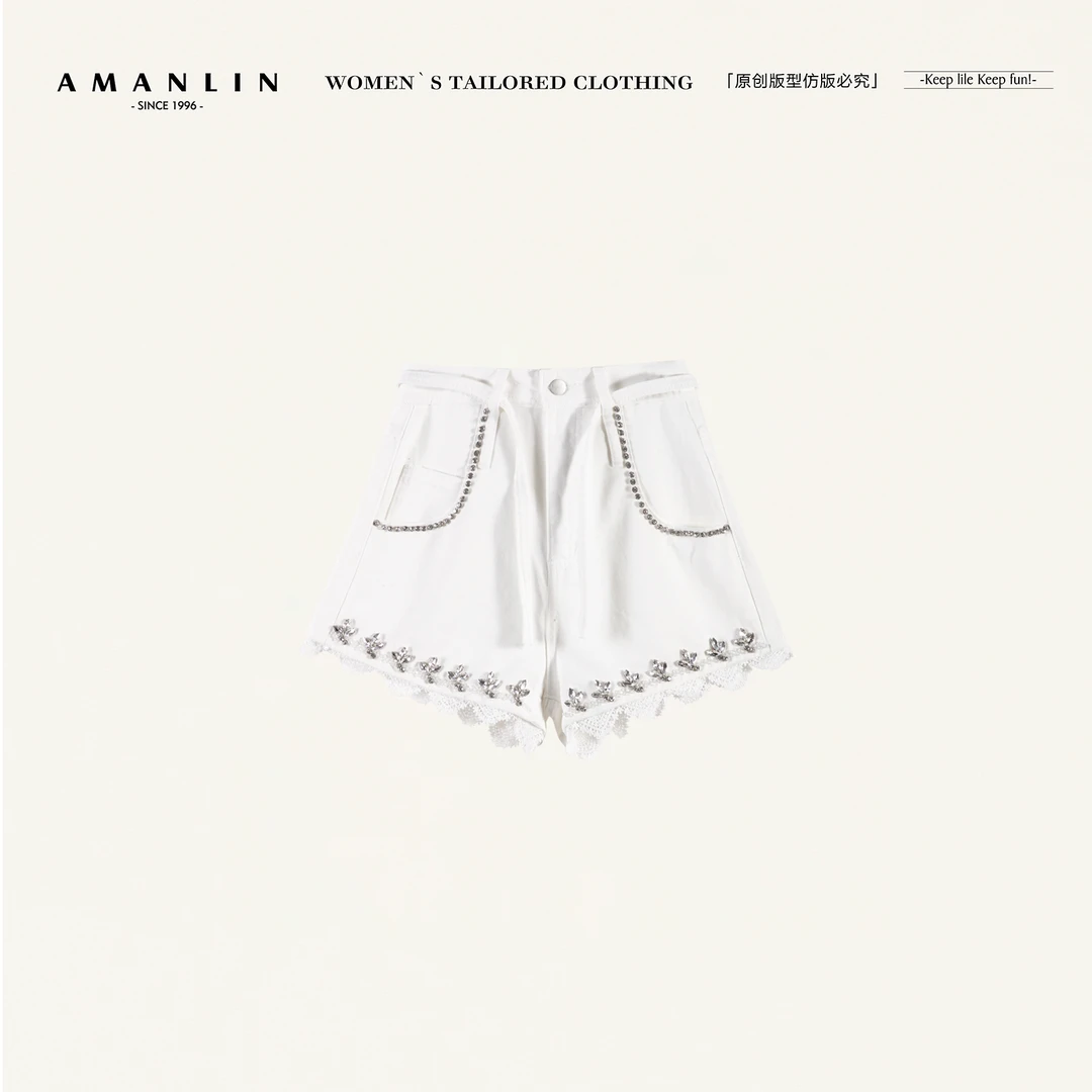 AMANLIN/阿谩琳欧若风春夏高腰显瘦洋气镶钻蕾丝牛仔短裤Y596770