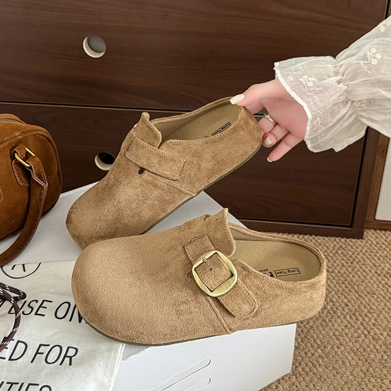复古厚底勃肯鞋包头半拖鞋女秋季新款外穿内增高一脚蹬软底博肯鞋