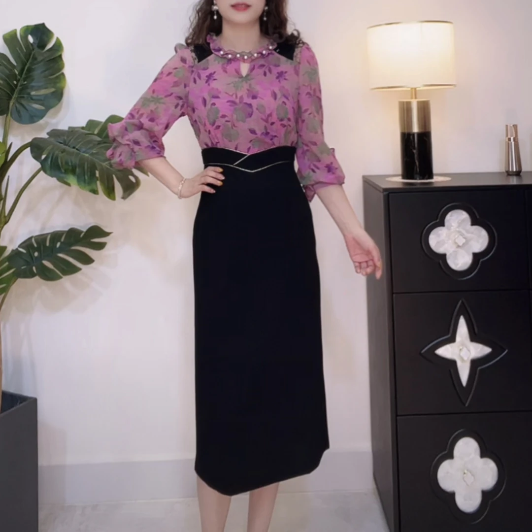 九分袖新款气质显瘦百搭时尚珍珠领女装连衣裙108