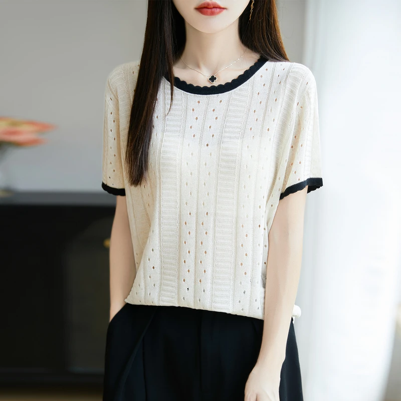 【现货宠粉】新款夏季镂空短袖女薄拼色针织衫气质宽松复古显瘦T恤