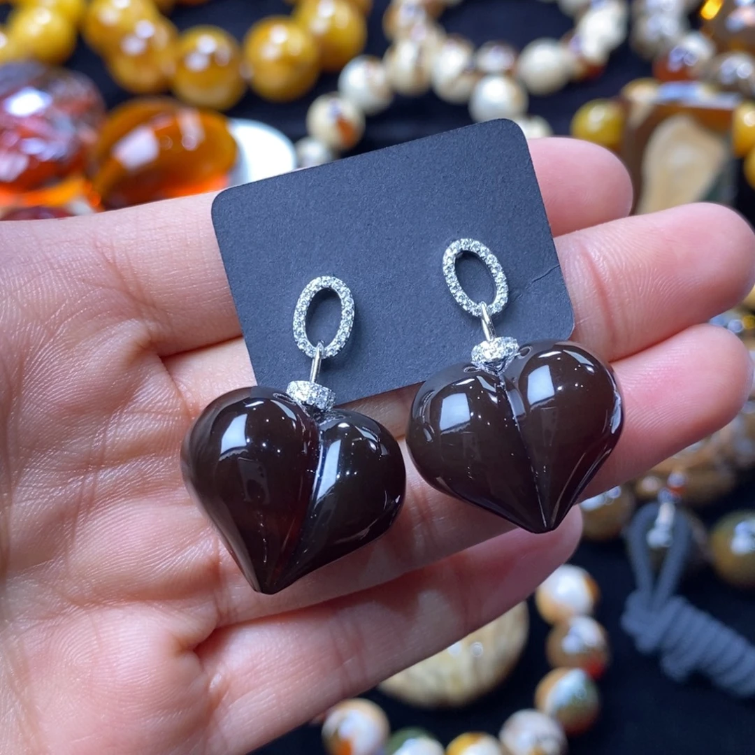 金***澜琥珀未镶嵌颈饰爱心耳环