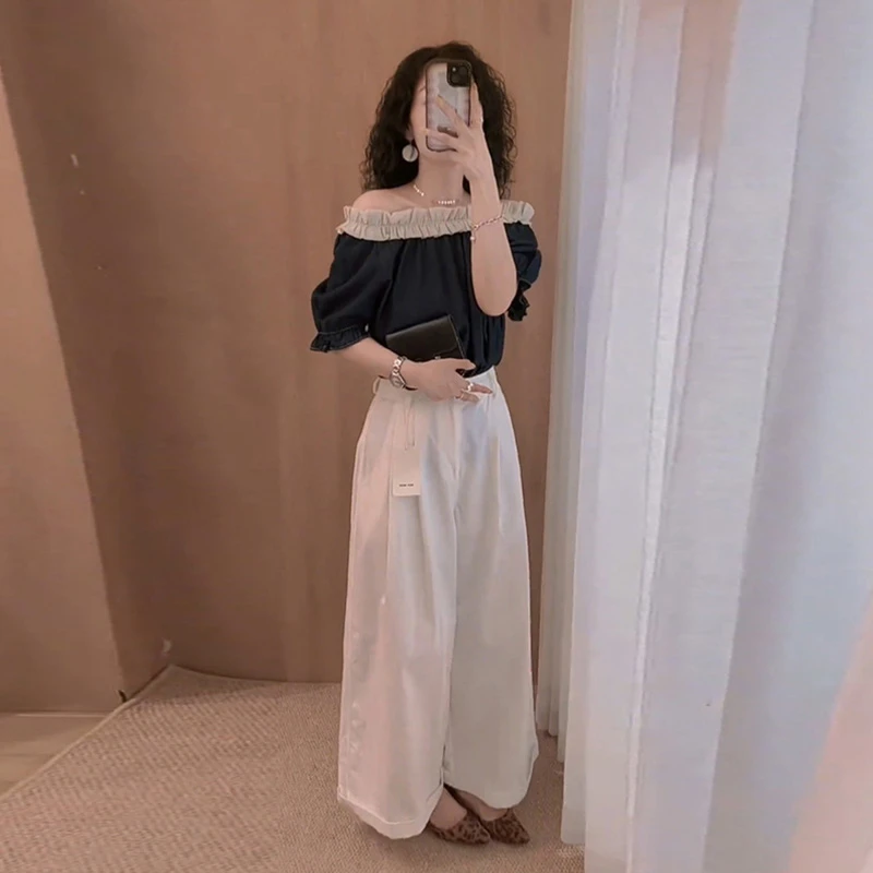 韩系减龄木耳边一字肩衬衫休闲裤女装夏装套装2025新款爆款两件套