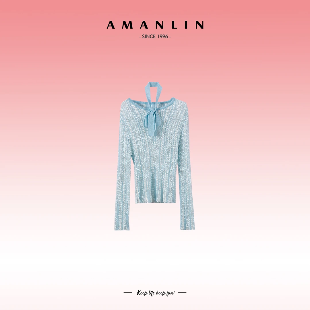 AMANLIN/阿谩琳春季穿搭欧若风百搭长袖修身蓝色显瘦上衣F595579