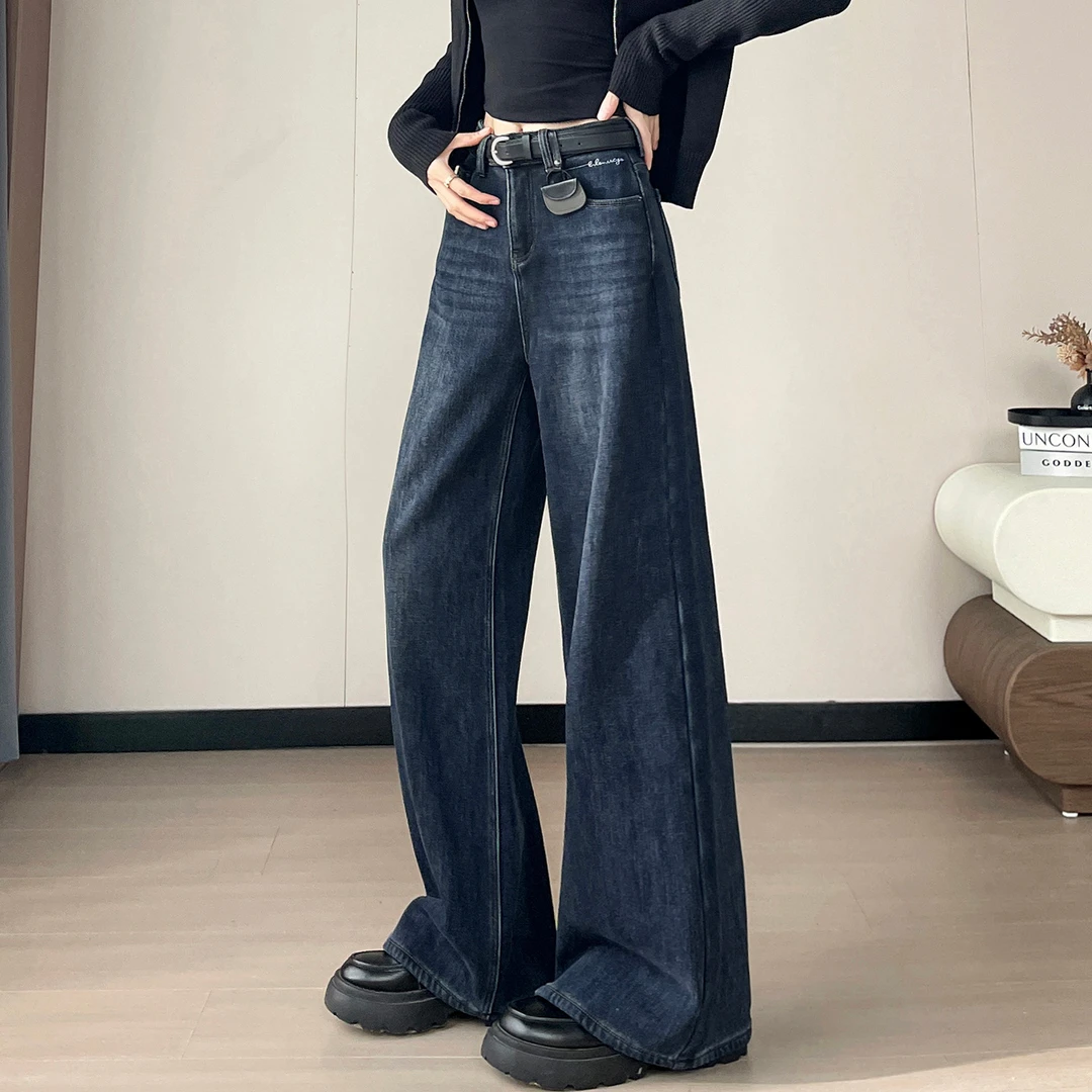 【专柜新款】加绒牛仔阔腿裤女2025秋冬加厚高腰显瘦减龄百搭长裤