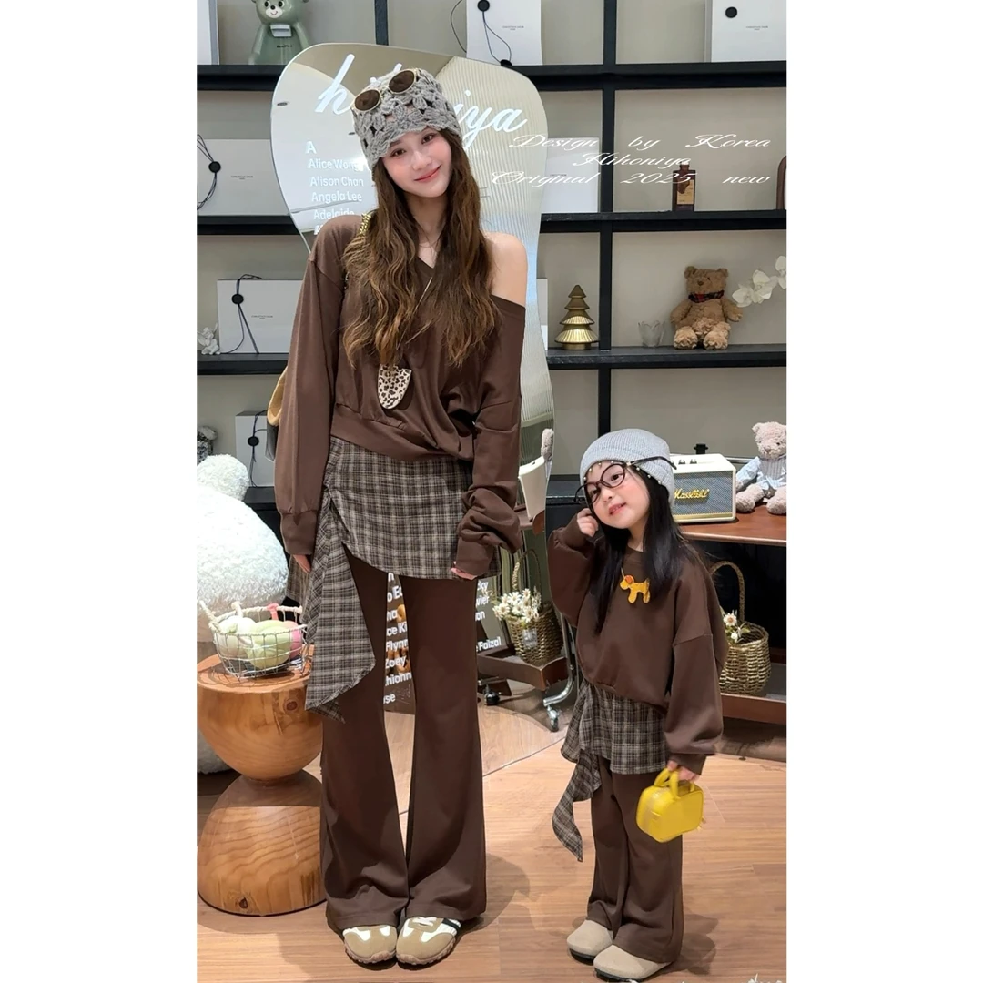 【首尔欧尼】三Hihoniya~2025秋季亲子格子拼接显瘦天丝复古套装