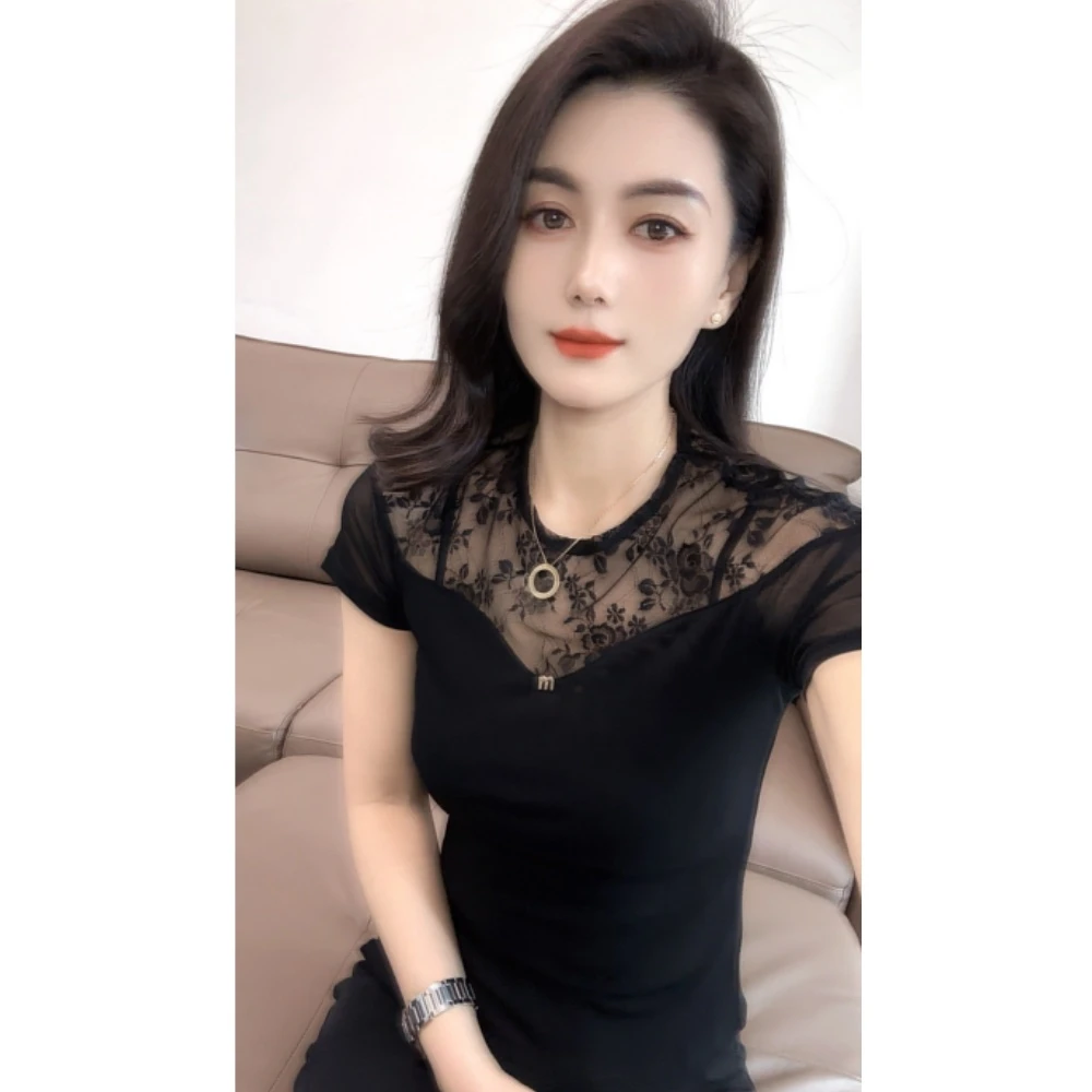 微透圆领内搭短袖女款爆款2025新款独特漂亮小衫纯色洋气时尚上衣