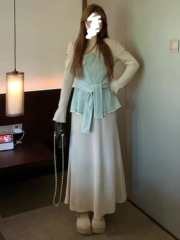 小卓 大码套装拼接牛仔上衣鱼尾裙女显瘦早秋穿搭两件套222790