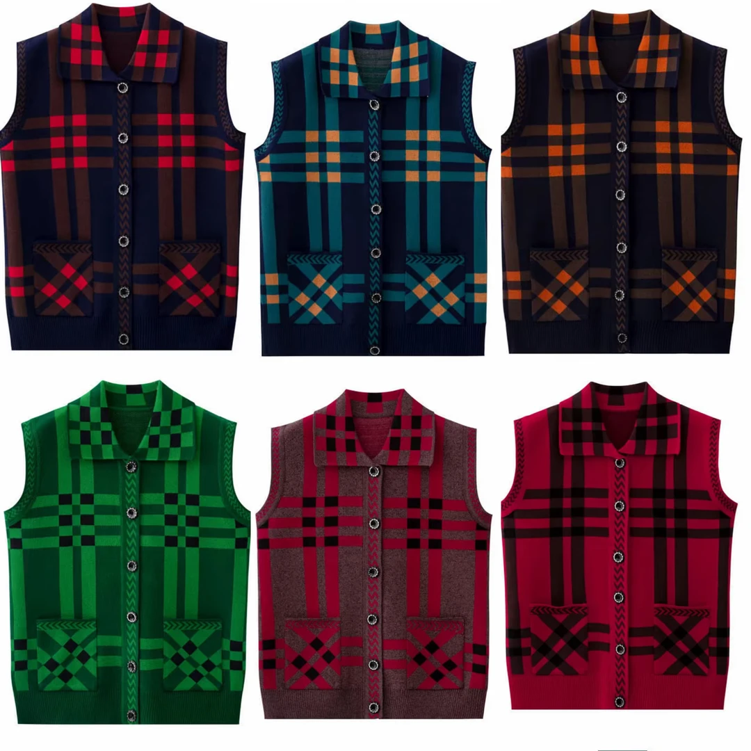 秋季新款翻领格子双兜针织马甲