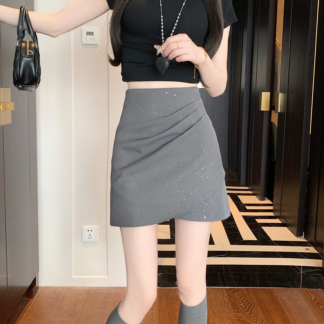 灰色亮片西装半身裙女春季高腰显瘦包臀裙百搭设计感防走光a字裙