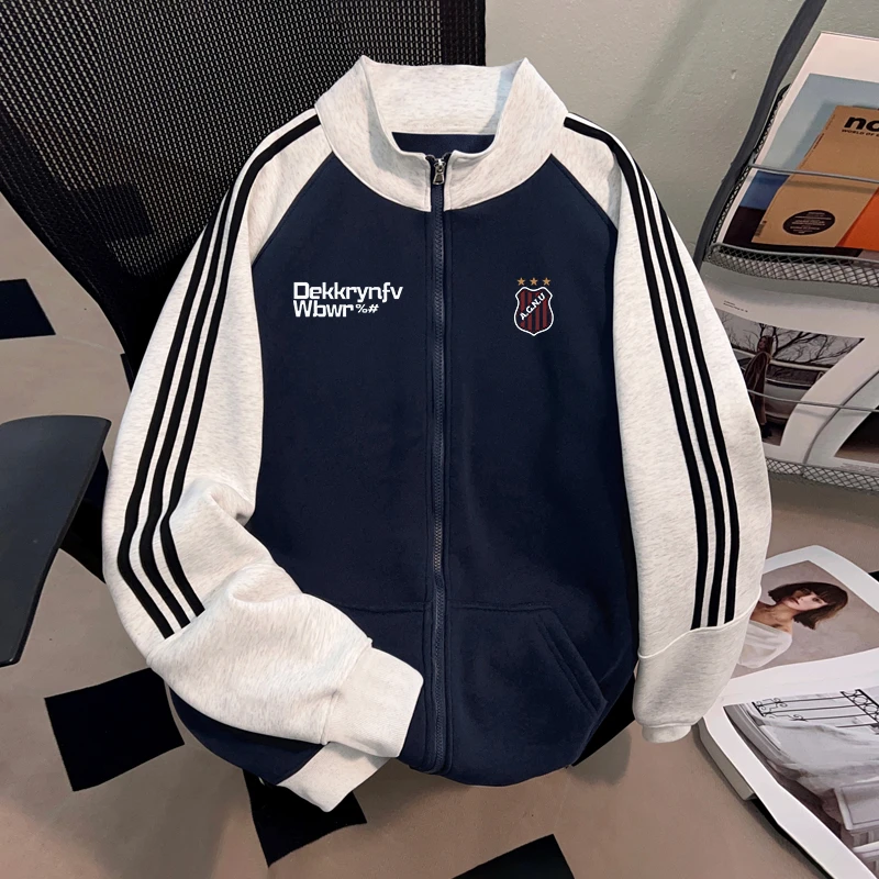 Dekkry潮流高街撞色立领开衫三条杠卫衣男女秋冬时尚字母印花外套