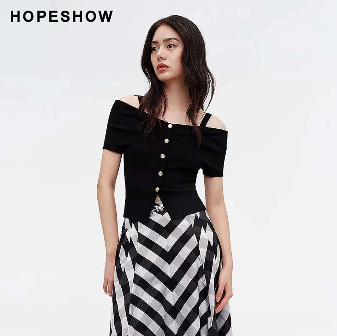 89124180114黑色蝴蝶结一字肩吊带针织衫