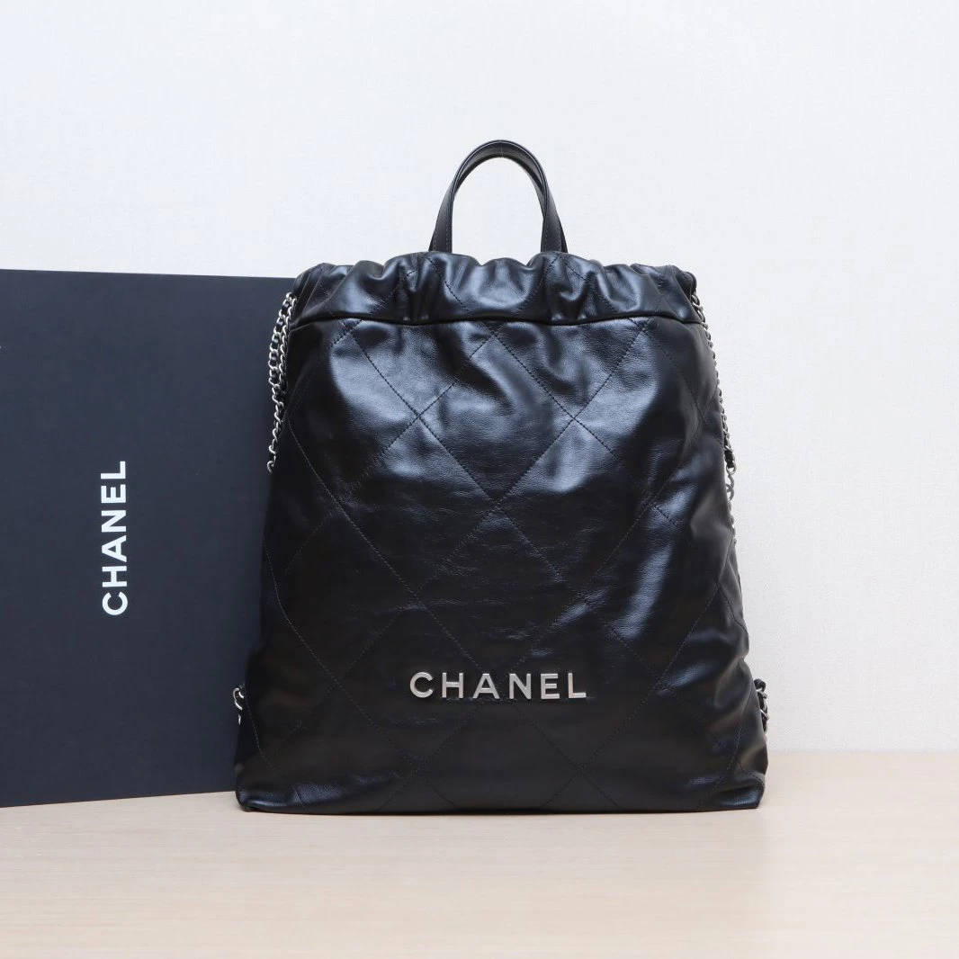 99新 Chanel/香奈儿 小花6欢 22Bag 双肩包 大号 黑色 芯片开包