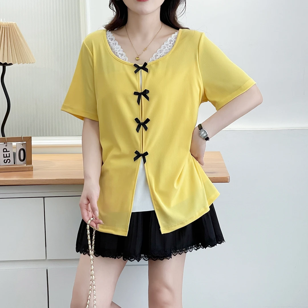 大码女装胖mm甜美蕾丝拼接假两件短袖t恤女夏季遮肉显瘦气质上衣