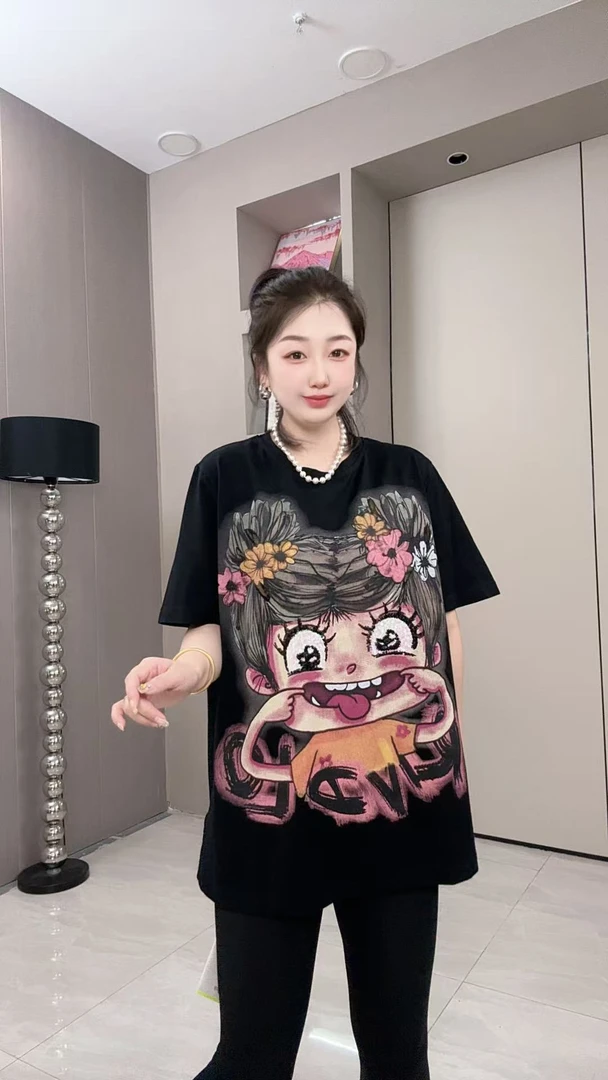 宽松大码大版早秋季新款潮流正肩显瘦T恤中长印花潮牌棉豆豆女孩